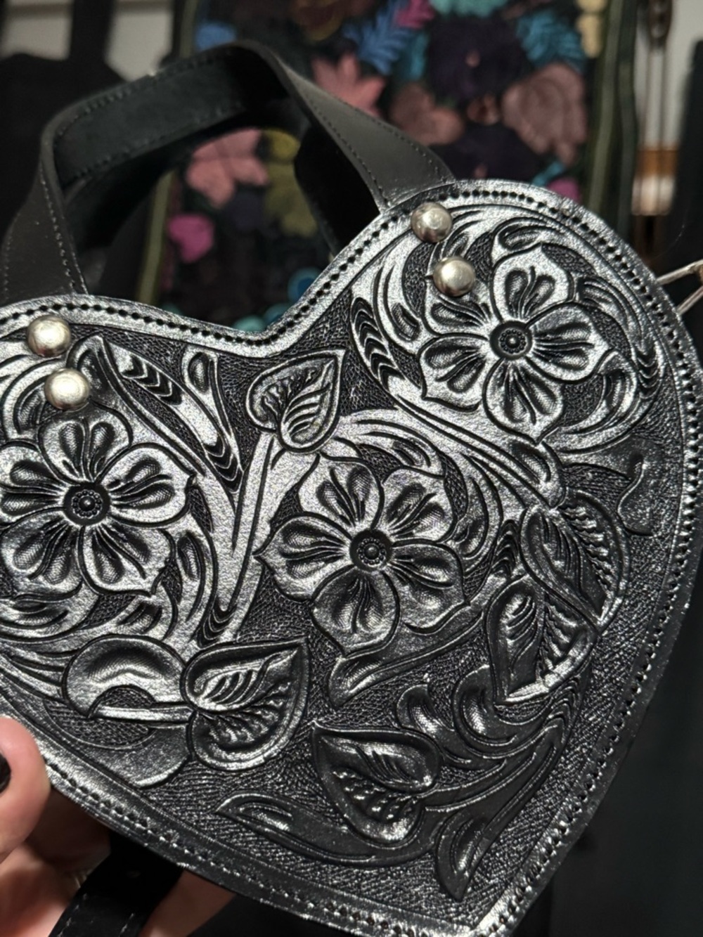 Black Heart-Embossed Floral Leather Crossbody Bag
